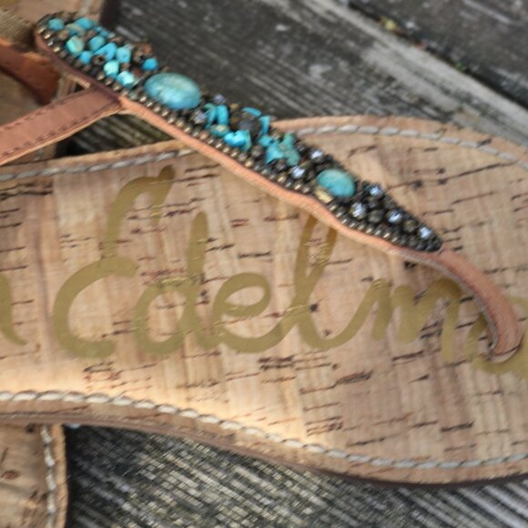 Sam Edelman Turquoise Stone Thong Tan Leather Cork Footbed Flat Sandals Sz 9 - Picture 4 of 5
